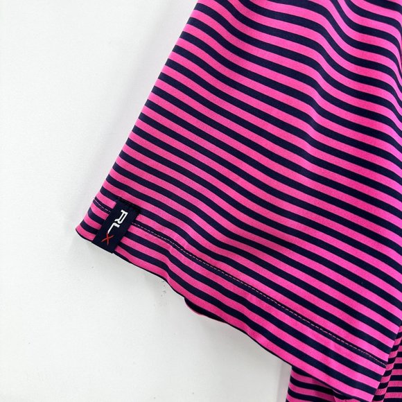 RLX Ralph Lauren Polo Shirt Mens Stripe Short Sleeve Logo Pga West Pink Navy L - Picture 3 of 10